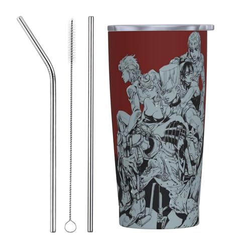 ジョジョの奇妙な冒険 アニメ ストロー&ストローブラシ付き マグカップ コーヒーカップ 600ml コンビニカップ タンブラー ステンレス製 保冷 保温 車用 蓋付き 持ち運び 水筒 大容量 直飲み キャラクター 人気 プレゼント