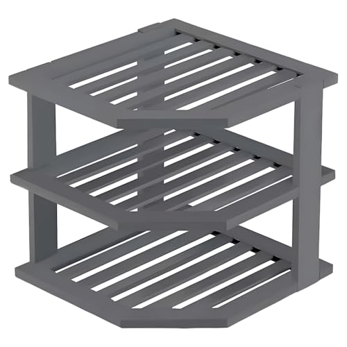 Bamboo Corner Shelf, 3 Tier Kitchen Corner Rack, Cabinet Organizer Shelf, Bread Display Rack, Kitchen Counter Shelves, for Stacking Plates, Bowls, Cups, Spices (Grey)