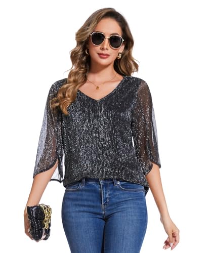 Women's 3/4 Sleeve Glitter Blouses Dressy Sparkly Double Layers Mesh Tunic Tops4