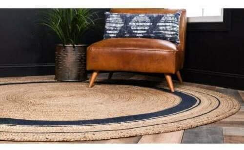 Image of Jute Braided Natural Hand Woven & Reversible Rug for Living Room Kitchen Entryway, Farmhouse Rustic Burlap Carpet Floor Mat (Blackjute, 120cm)