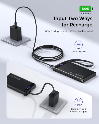 0.5" Ultra Slim Portable Charger 10000mAh Built-in Dual USB C Cable, Black - image 8