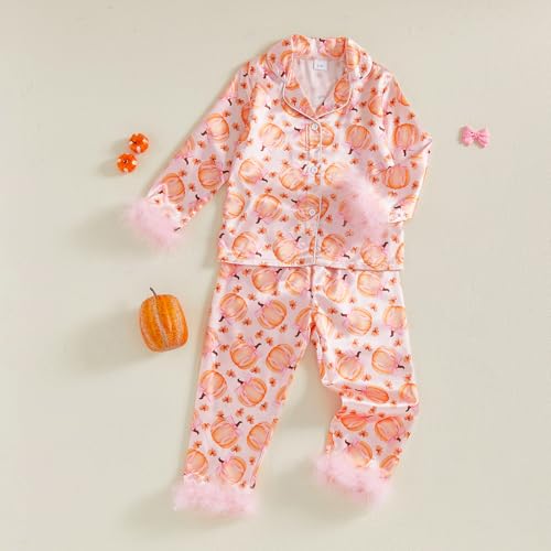 Kuriozud Toddler Girl Halloween Pajamas Pumpkin Silk Satin Sleepwear Little Girls Bow Pjs Baby 2Pcs Halloween Pajama Set4