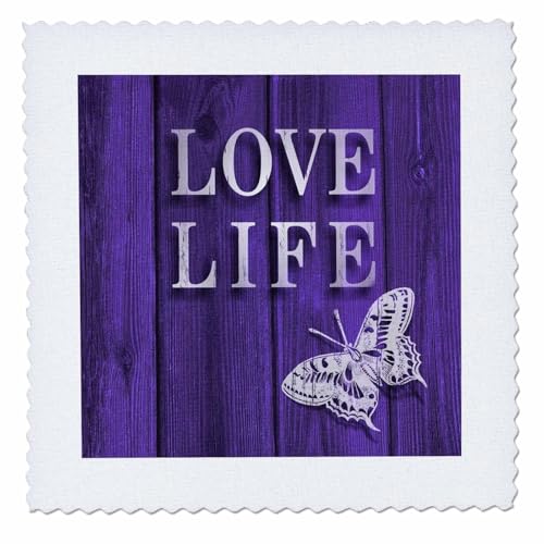 16x16 inch Quilt Square - Typography- Love Life Text and Butterfly Over Purple Stain Wood Effect Designs