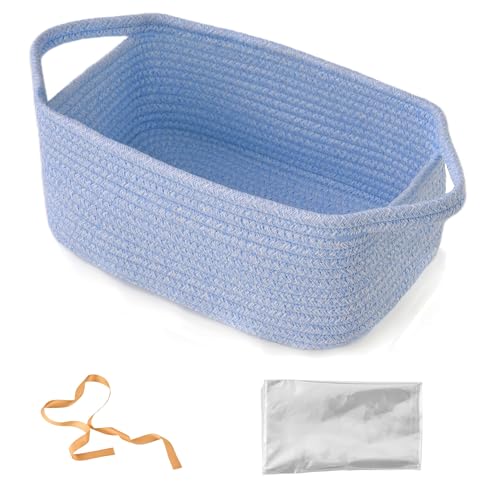 Small Woven Gift Basket Empty with Bag & Ribbon Storage Basket for Fathers Day for Dad Baby Shower Boy or Girl Birthdays Raffle Graduation Cute Organizer with Handles 12x8x5 Light Blue