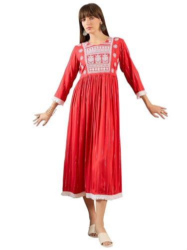 Image of INDO ERA Women's Red Viscose Rayon Embroidered Midi A-Line Ethnic Dress (SHTUR7147)