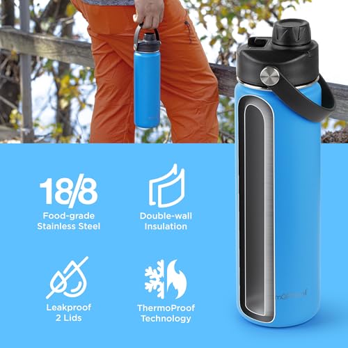 Image of ThermoProof Double-Walled Vacuum Insulated Stainless Steel Water Bottle - Wide Mouth with Chug & Spout Lids, Dishwasher Safe, Reusable, Leakproof, Hot & Cold for Men, Women & Kids - 22oz, Light Blue