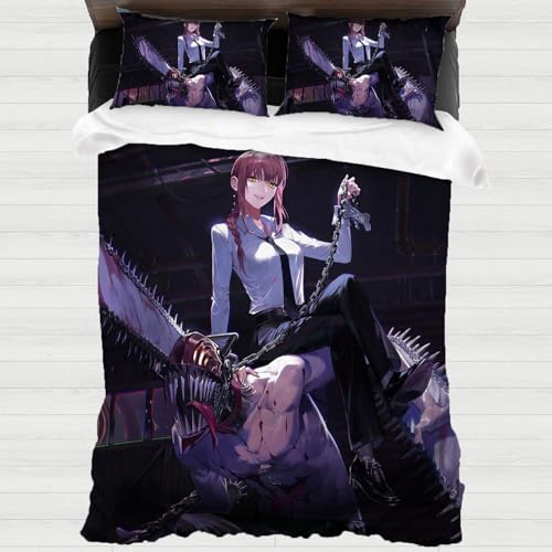 Generisch Juego de ropa de cama de 135 x 200 cm, diseño de anime Denji Chainsaw, funda nórdica de microfibra con 2 fundas de almohada, decoración para dormitorio, juego de 3 unidades, fácil cuidado