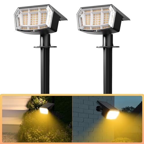 Solpex Focos solares impermeables para exteriores, paquete de 2 unidades IP65, 63 LED, 3 modos de iluminación, focos para patio, jardín, casa, garaje, camino (blanco cálido)