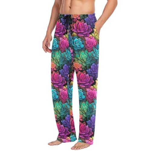 Men's Colorful Succulents Pajama Pants with Pockets - Straight Fit Cotton Sleep Bottoms for Lounge & Nightwear#7844