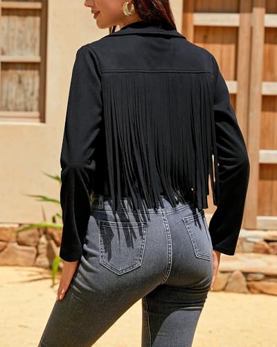 Women's Fringe Faux Suede Leather Jackets Fashion Fall Western Tassel Motorcycle Cropped Open Front Coats with Rivets2