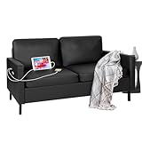 GRAVFORCE Sofa 2 Sitzer mit 2 Ladeports und Seitentasche, Klein Couch 143cm Cloudserie Gemütliches für Jugendzimmer Wohnung Wohnzimmer Büro Couch aus Holz (Kunsleder, Schwarz, Sofa)