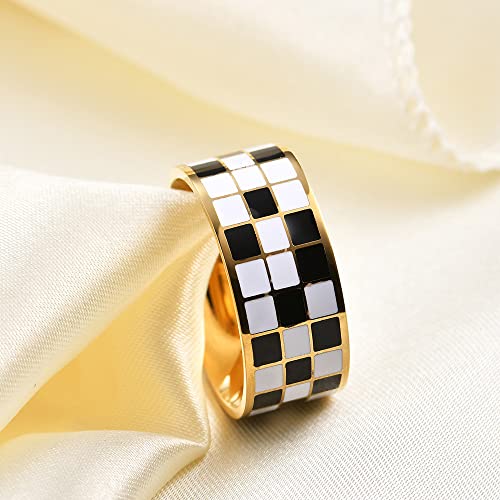 Image of PAMTIER Unisex 8mm Black and White Checkerboard Pattern Signet Ring | Stainless Steel