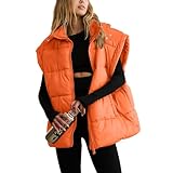 Shiyifa Womens Oversized Puffer Vest Sleeveless Lightweight Zip Up Padded Gilet Warm Coat Outwear with Detachable Hood(Orange,M)