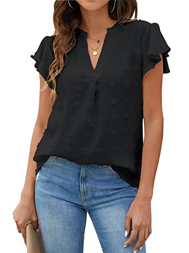 Blooming Jelly Camisetas blancas para mujer, blusa de gasa con cuello en V, manga con volantes, tops de verano, Negro, L Cover