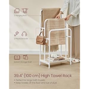 Vasagle freestanding towel rack 3 tier blanket holder with storage shelf 197 x 118 x 394 inches blanket rack 2 hooks for blankets bath towels cloud white and natural beige ulls009w01  urban country home decor