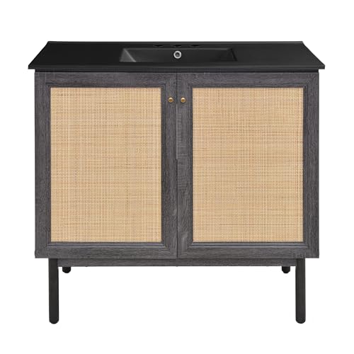 Image of Swiss Madison Classe 36 in. Black Oak Bathroom Vanity with Black, 3-Hole Ceramic Sink Top