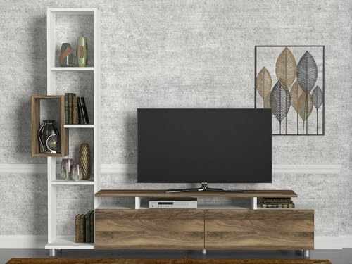 PARETE ATTREZZATA - Composizione soggiorno, Mobile salotto multiuso, Armadio porta TV, 160x30 h167 cm, Bianco e Noce