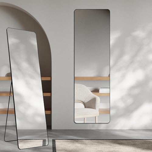 Image of Artspire Home Elegant Round Corner Wall Mirror | Aluminium Frame, Explosion-Proof Sheet with Stand | Dressing Mirror for Bedroom, Entryway, Walk-in Closet & Foyer Home & Office (Black, 50x160CM)