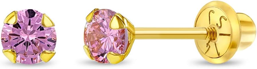 14k Yellow Gold Tiny 3mm Cubic Zirconia Prong Set Solitaire Screw Back Earrings for Little Girls - Tiny & Elegant Earrings with Safety Screw Backs for Babies, Toddlers, & Children - Dainty CZ Studs
