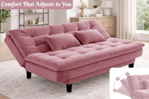 Image of Velvet Fabric Wooden 3-Seater Apsen Sofa Bed with Tufted Couch with Adjustable Backrest- Living Room Furniture-Rose Pink-Color