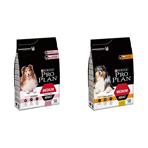 PURINA PRO PLAN Medium Adult Hundefutter trocken mit OPTIDERMA, reich an Lachs, 1er Pack (1 x 3kg) & PURINA PRO PLAN Medium Adult Hundefutter trocken mit OPTIBALANCE, reich an Huhn, 1er Pack (1 x 3kg)
