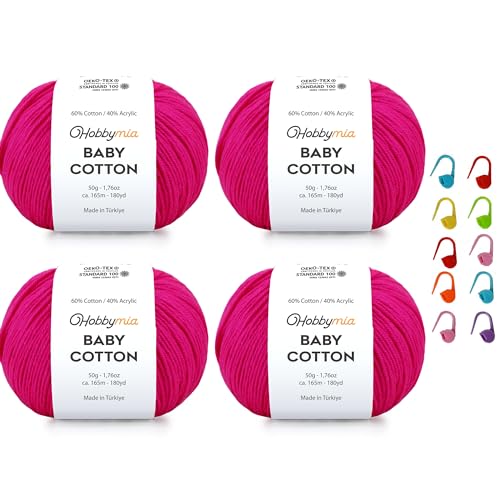 Image of Baby Cotton Blend Yarn - Soft Sport Weight Yarn for Crochet & Amigurumi - 50g /180yds - 60% Cotton 40% Acrylic - Ideal for Baby & Knitting Proj. & 10 Stitch Markers(Hot Pink, 4 Balls)
