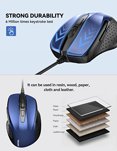 Image of TECKNET USB Wired Mouse, 6-Button Corded Computer Mouse with 4 Adjustable DPI, Optical Computer Mice with Ergonomic Design and 5FT Cord for Laptop, Chromebook, PC, Desktop, Mac, Notebook-Blue