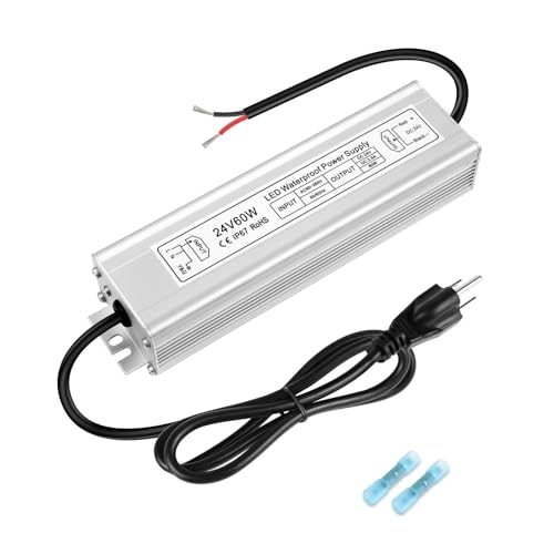 Image of LED Driver 60W 24V Power Supply, IP67 Waterproof Low Voltage Transformer, AC 90-265V to DC 24V 2.5A Converter for Outdoor Landscape Lighting and LED Strip Lights, with 3-Prong Plug 3.3FT Cable