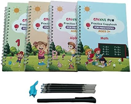 FakeFace 4 Pieces Groove Calligraphy Set with Handwriting Pens and 1 Grips English Magic Practice Copybook for kids Reusable Handwriting Practice Book
