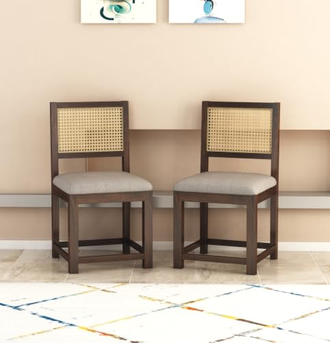 Image of Wooden 2 Chair for Living Room & Dining | Solid Wood Frame with Cane Backrest | Cushioned Seat | Modern Accent Chairs for Home & Office (Set of 2, Walnut)