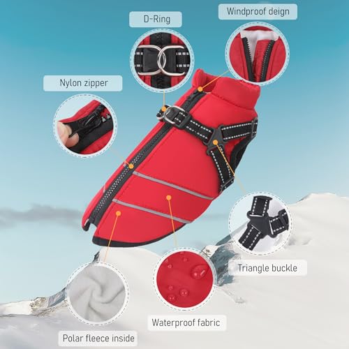 Mitili Warme Hundemantel Wasserdicht mit Geschirr, Reflektierend Hundejacke Winter für Kleine und Mittlere Hunde, Winddichte Hunde Wintermantel, Outdoor Hundeweste (Rot, M)