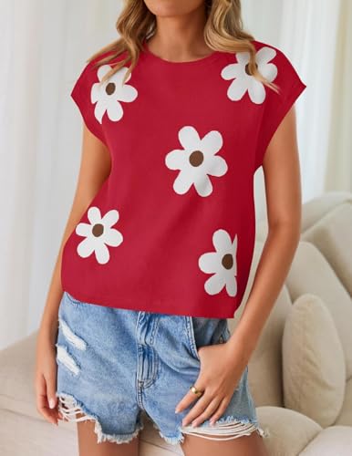 Image of ZESICA Women's Summer Trendy Knit Top 2026 Floral Print Short Sleeve Crewneck Loose Fit Sweater Vest Going Out Clothes