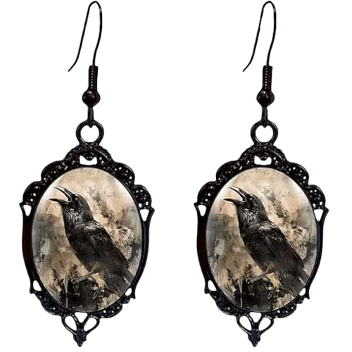 Goth Raven Cameo Earrings - Vintage Gothic Crow Drop Dangle Earrings - Halloween Witch Costume Accessories Jewelry Gift for Women