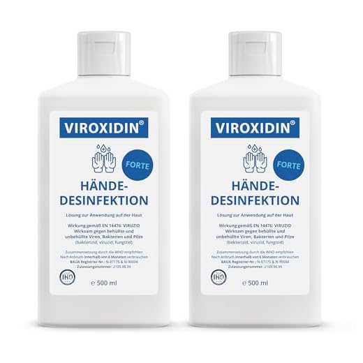 Viroxidin Desinfektionsmittel für Hände Viruzid - 83% Alkohol (Ethanol) - Hygienische Handdesinfektion gegen Bakterien, Viren & Pilze zum Einreiben - 2 x Hände Desinfektionsmittel 500ml (1000ml)
