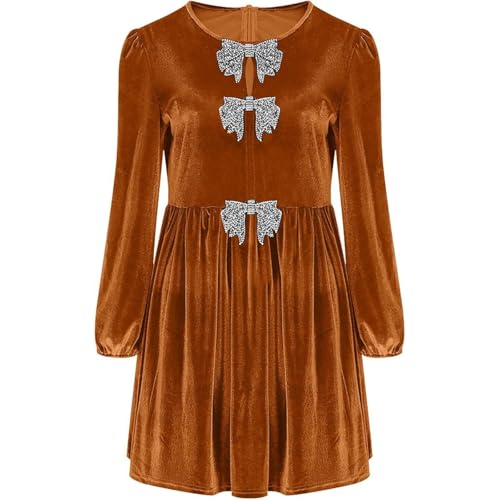 Foweknow Robe en velours pour femme - Avec nœud diamant - Manches longues - Robe de soirée sexy - Longueur genou - Robe festive - En velours - Robe de cocktail...