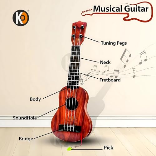 Image of K D Toy Guitar for Kids, 22 Inch Ukulele Style Acoustic Musical Instrument with 4 Nylon Strings & Pick, Educational & Safe Plastic Guitar Toy for Children Age 6+ (Wooden Texture Design)
