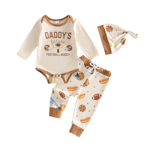 Lamuusaa Newborn Baby Boy Football Outfit Daddys Football Buddy Romper Long Pants Knotted Hat 3-Piece Outfit 0-18 Months (Khaki 0-3 Months)