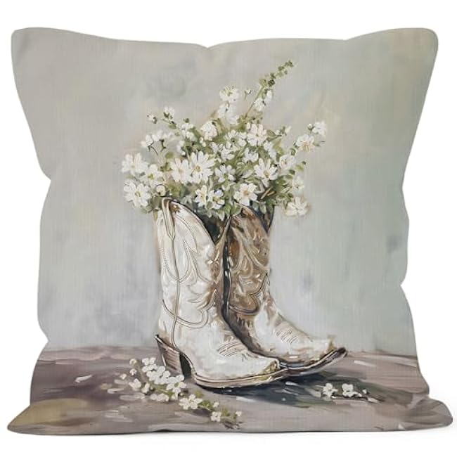 Western Cowgirl Boots Floral Throw Pillow Covers 18x18, Preppy Decor Pillow Cases Gifts for Teen Girl Bedroom Living Room, Aesthetic Daisy Flower Decorative Pillowcases for Couch Bed Sofa