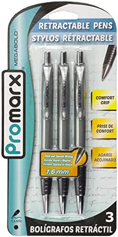 Promarx Megabold Retractable Ballpoint Pens with Comfort Grip, 1.6 mm, Black, 3 Count