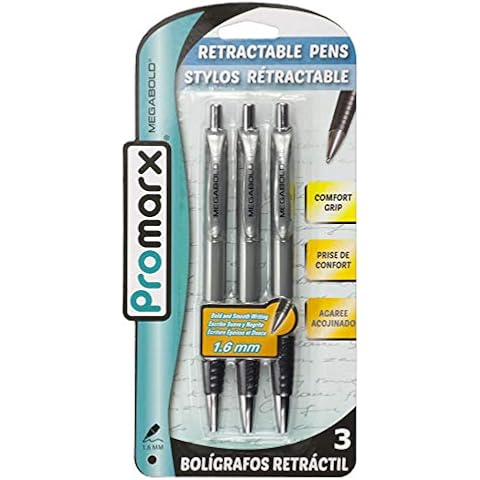 Promarx Megabold Retractable Ballpoint Pens with Comfort Grip, 1.6 mm, Black, 3 Count Cover