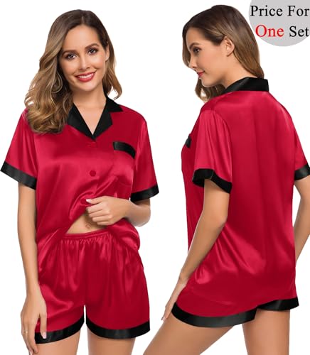 SWOMOG Couples Pajama Set Women & Men Silk Satin Short Sleeve Set Top and Shorts Sleepwear Soft Button-Down Loungewear2