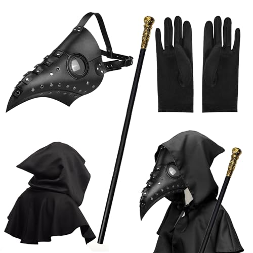 MAINOSHY Halloween-Requisiten-Kostüm-Set, Pestarzt-Maske, Requisiten, lange Nase, Schnabelmaske mit schwarzem Kapuzenumhang, schwarze Handschuhe, König Zepter für Halloween, Cosplay, 4 Stück
