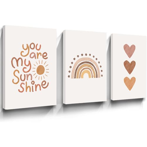 Image of PUYIQARE You Are My Sunshine Canvas Wall Art Heart Rainbow Nursery Art Print Boho Wall Art Prints for Girls Room Decor Boho Sunshine Nursery Decor for Baby Kids Room Decor Wrapped Canvas