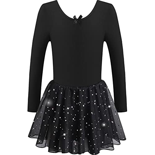 DANSHOW Girls Glitter Leotards for Ballet Dance Dress with Tutu Skirt Petal Sleeve Skirted-long-black 2-4T