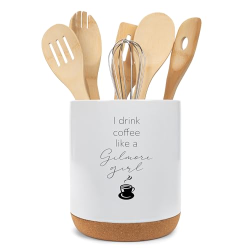 Elanze Designs I Drink Coffee Like A Gilmore Girl Engraved X-Large Cork Bottom Ceramic Stoneware Utensil Holder, Spatula Caddy, Crock Container, Kitchen Storage Organizer Home Décor, Crisp White