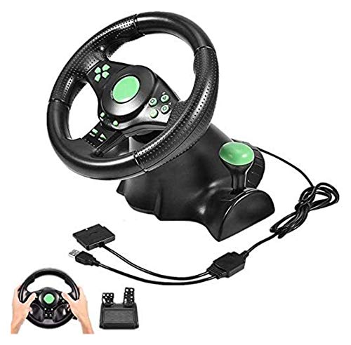RajoNN Volante de Carreras para PC, Controlador de Volante de Juegos con Pedales, Compatible con Xbox 360, PS2, PS3, PC (USB, Vibración Dual)
