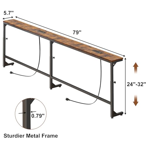 YGEOMER 79in Behind The Couch Table Skinny Adjustable Height Sofa Table with Outlet Narrow Console Table with LED Lights, Rustic Brown