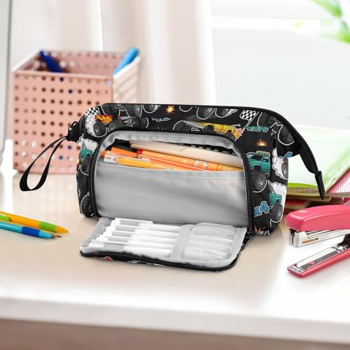 Image of Monster Truck Black Print Pencil Case Pouch Big Capacity Pencil Bag Box Organizer Pen Case with Compartmens Stationery Organizer for Girls Boys Women School College Office
