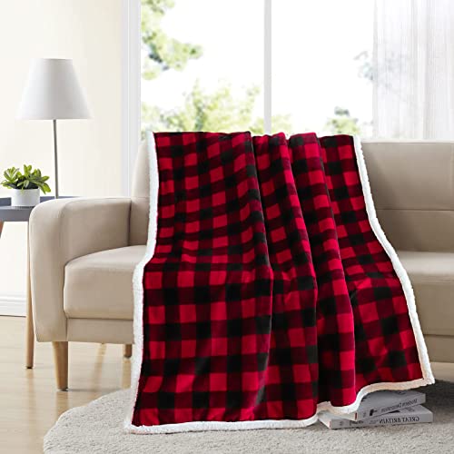 JOTOM Super Soft Fleece Throw Blanket Warm Thick Cozy Christmas Blanket Winter Fluffy Buffalo Plaid Couch Throw Blanket Holiday Plush Blanket for Sofa Single Bed Travel 127x152cm (Red Black Plaid) - Image 3