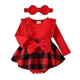 LIKPOJA Newborn Baby Girls My First Christmas Outfit Clothes Headband Infant Bodysuit Red Skirt Tartan Plaid Dress for Toddler Baby Girls Santa Romper(Red F,0-3 Months)